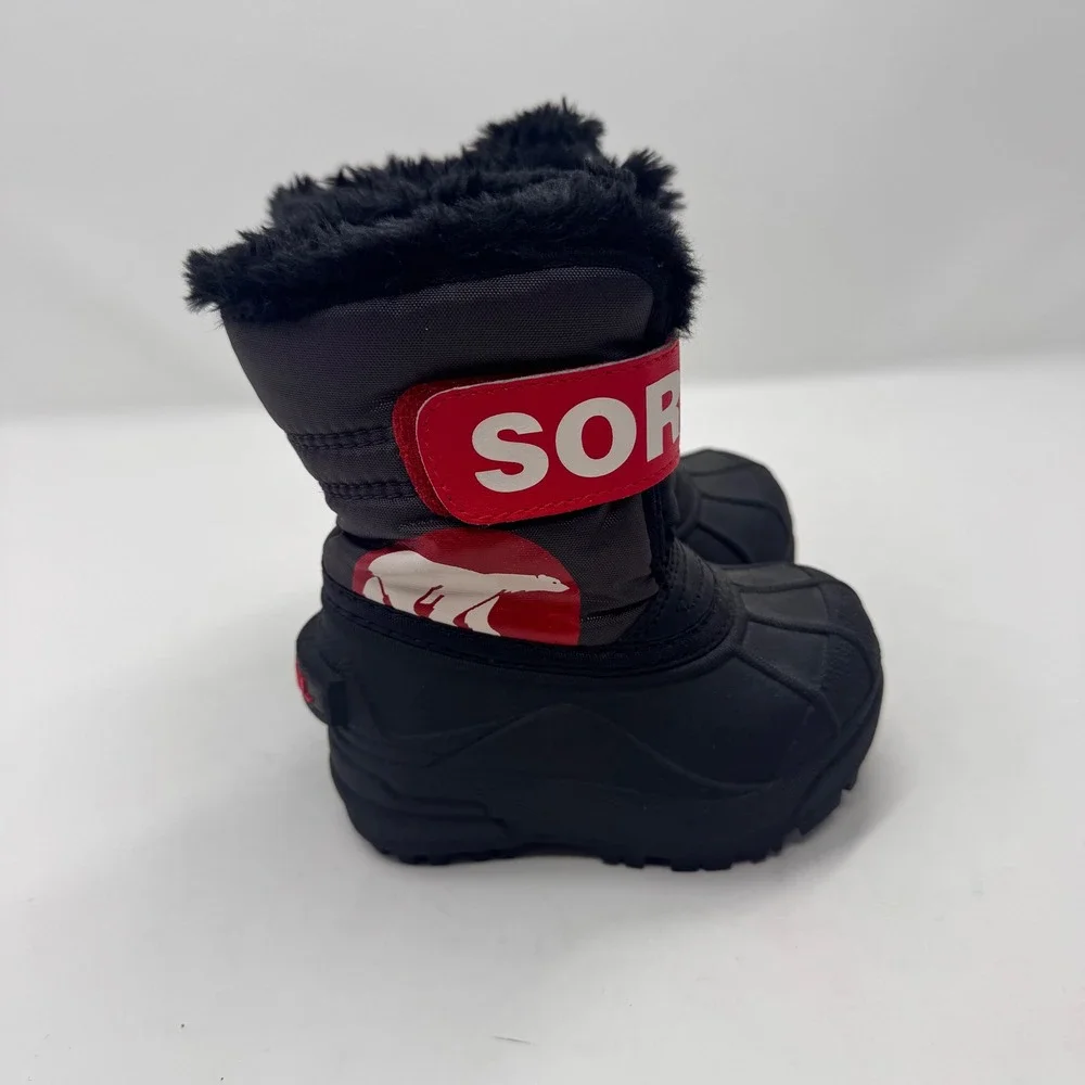 Kids Sorel Black Red Faux Fur Lined Winter Snow Boots Size 5 Toddler